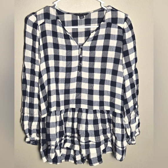 Women's American Eagle 100% Viscose Gingham Plaid Peplum Peasant Top, Medium - Picture 1 of 3